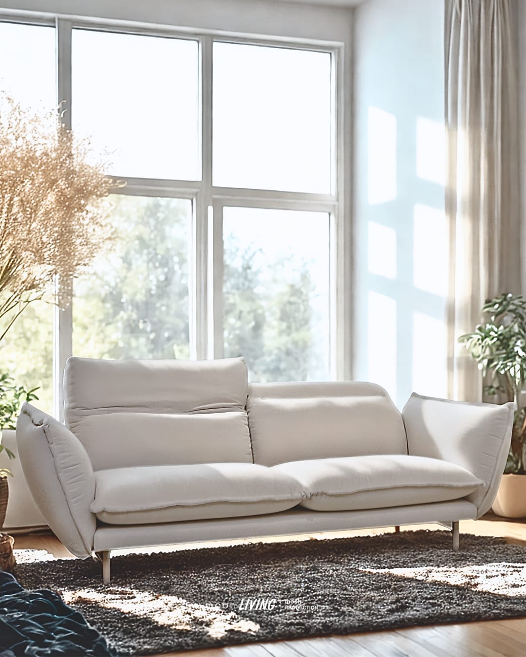 mooh Living 莫爾｜三人沙發,米白三人沙發，蓬鬆靠墊與可調角度扶手設計，搭配金屬腳座與柔光採光窗景